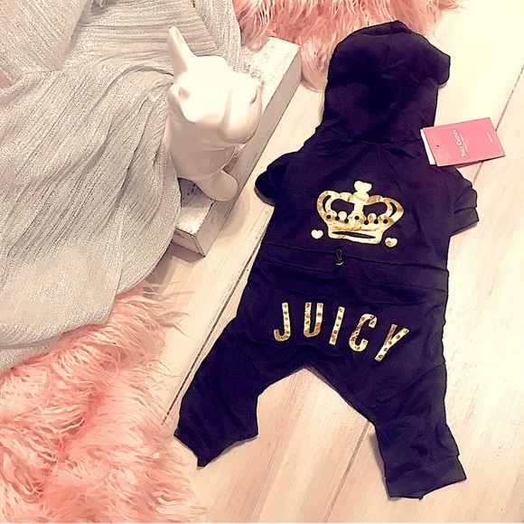 NEW! 👑 Juicy Couture Pink Gold Black Jeweled Crown Hearts Dog Hoodie Jumpsuit